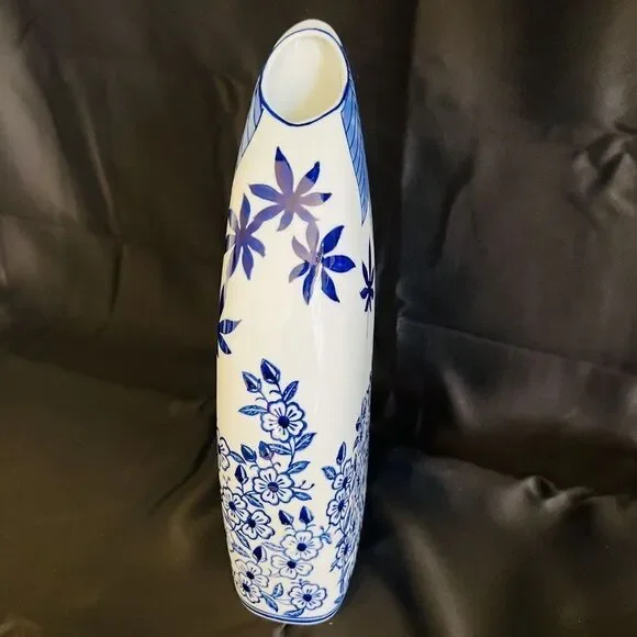 14.5” Tall Blue White Chinoiserie Floral Flower Leaf Porcelain Vase Unique Form